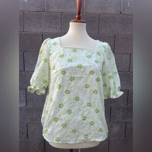 SOLD Floral Green & White Puff Sleeve Blouse